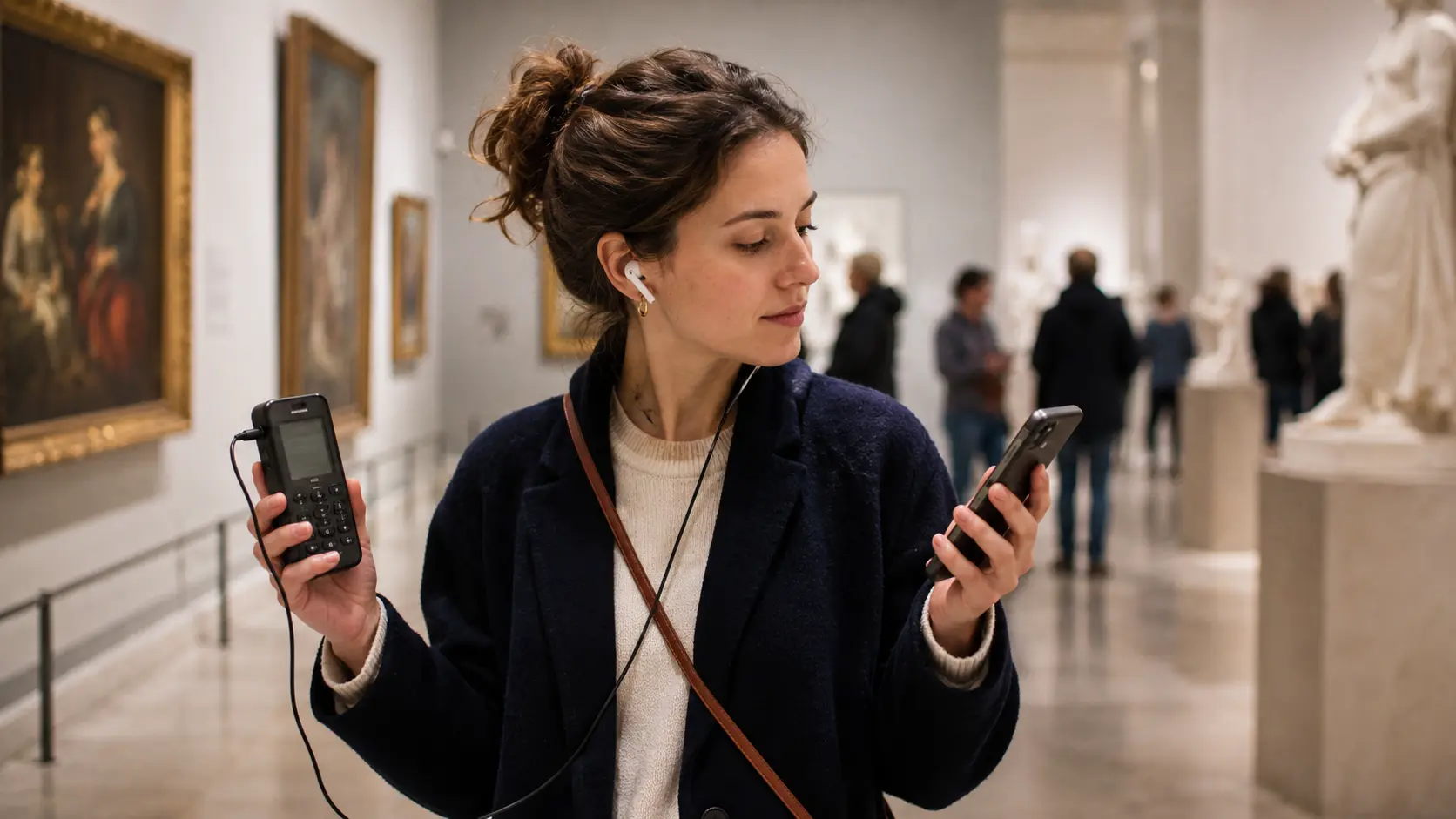 Visitor consulting a digital experience on a smartphone.