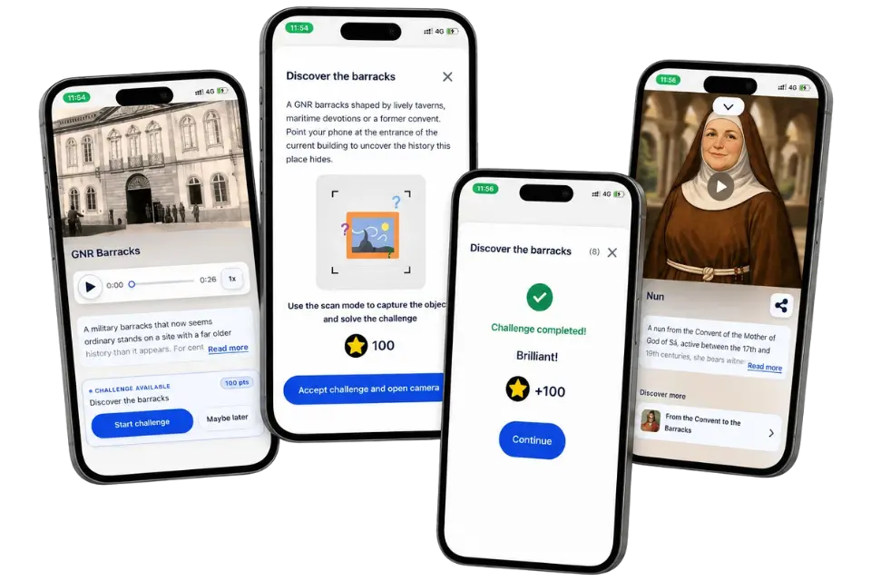Gamification screens showing challenges, quizzes and visitor participation modes.