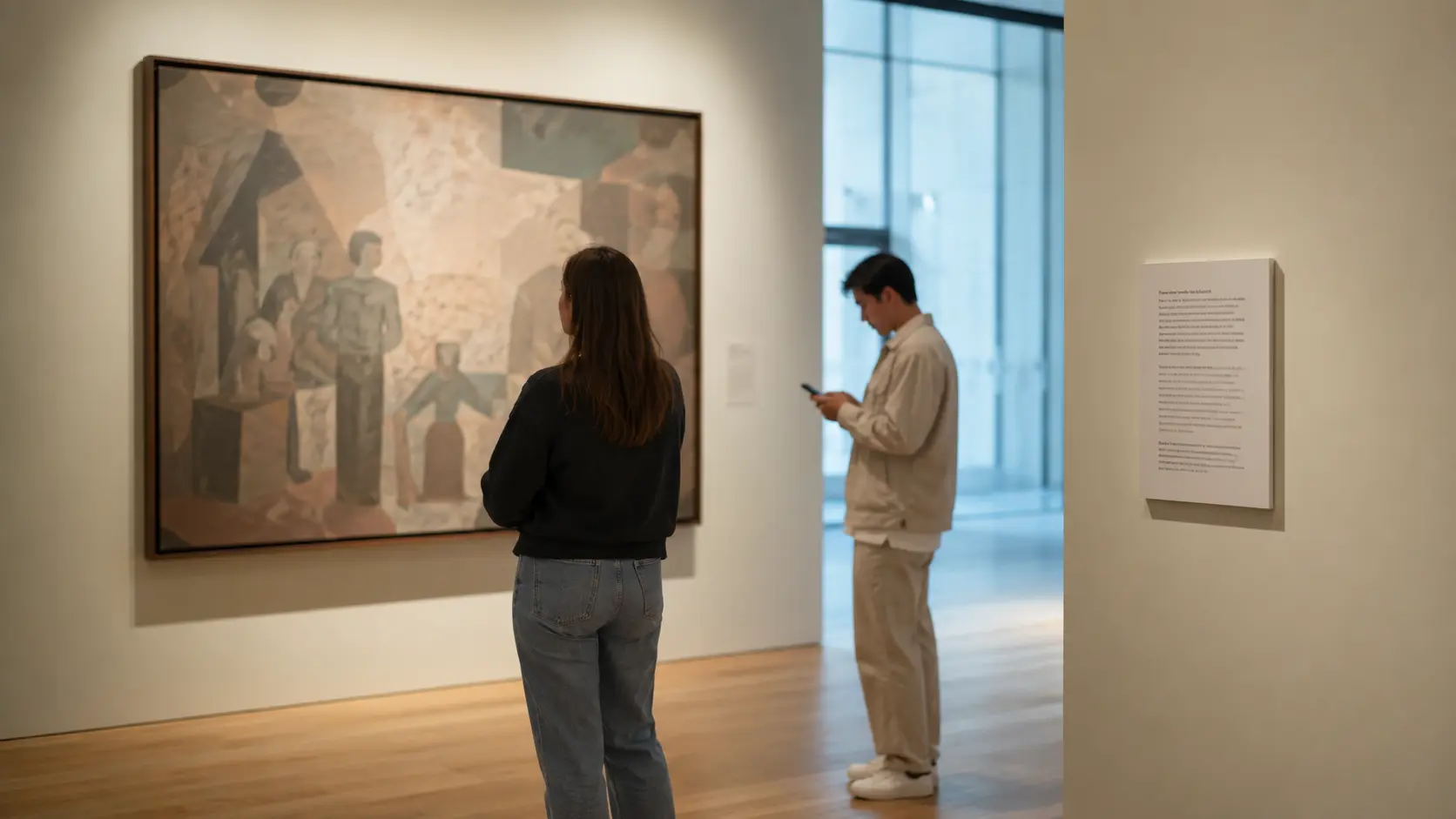Visitors looking at exhibition content in a museum.